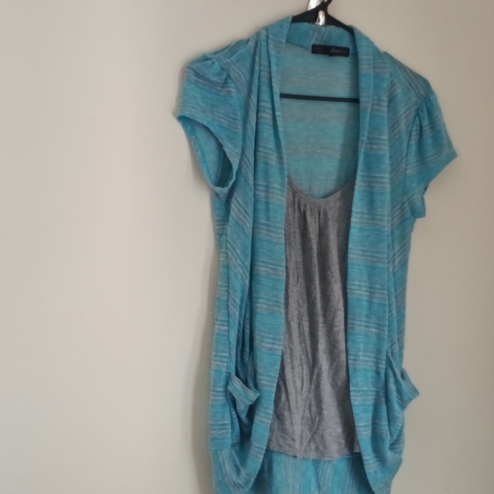 HeartSoul Blouse Women LargeTurquoise & Gray Striped Top Academia Office Casual